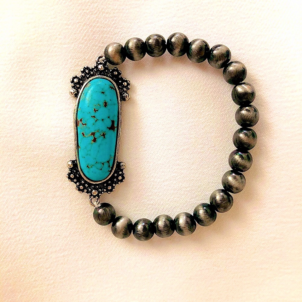 NAVAJO SILVER PEARLS TURQUOISE CONCHO BRACELET STRETCH IS 3” x…